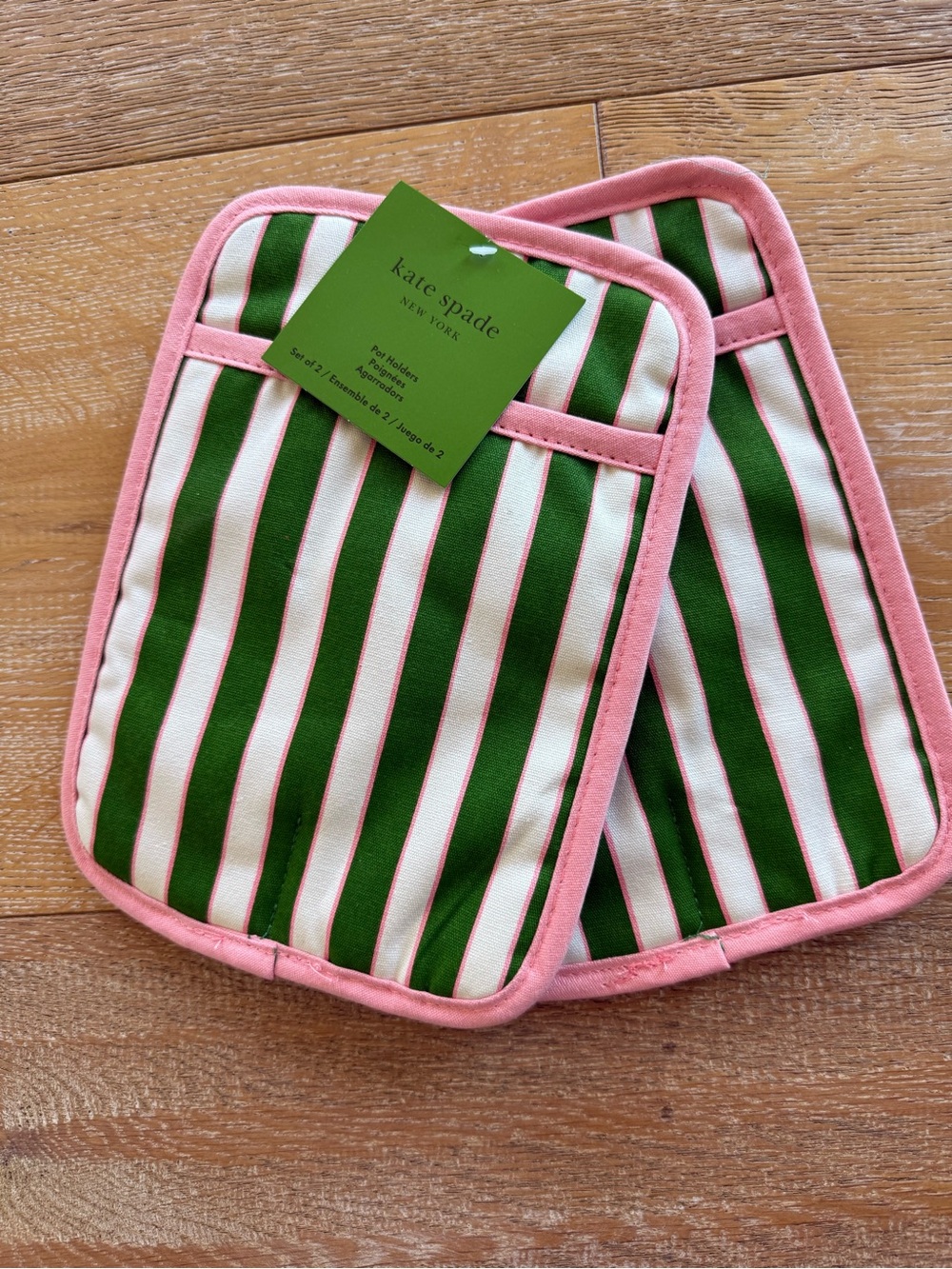 Kate Spade Pink & Green Striped Pot Holders